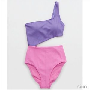 Aerie Crinkle Asymmetrical Cut Out One Piece Swimsuit